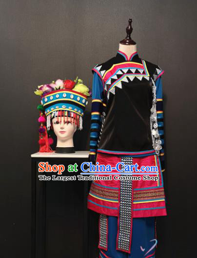 Custom China Deang Ethnic Clothing Traditional Minority Women Costumes Li Li Nationality Folk Dance Outfits and Headwear