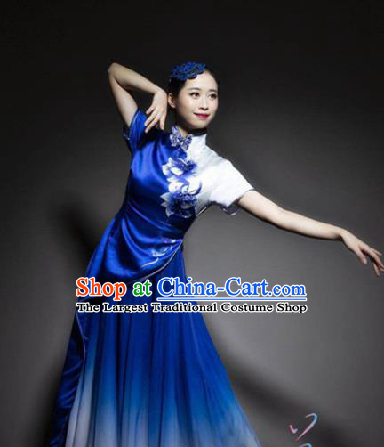 Chinese Traditional Classical Dance Royalblue Dress Fan Dance Costume Umbrella Dance Clothing