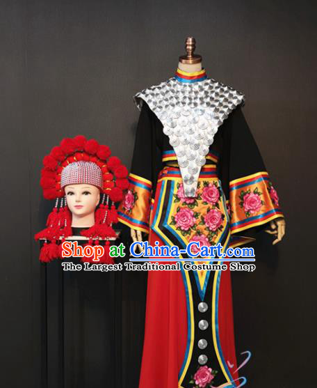 Custom China Miao Ethnic Bride Clothing Hmong Nationality Folk Dance Black Blouse and Skirt Traditional Minority Wedding Costumes and Red Hat