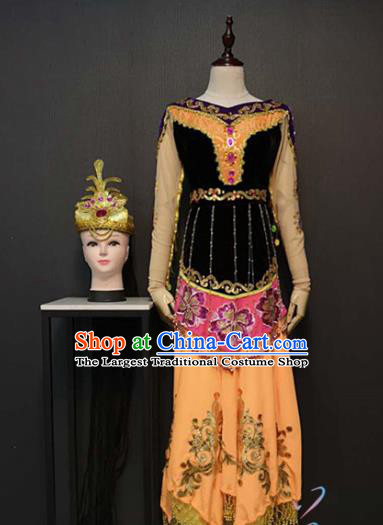 Custom China Xinjiang Ethnic Folk Dance Clothing Nationality Women Dress Traditional Uyghur Minority Costumes and Hair Accessories