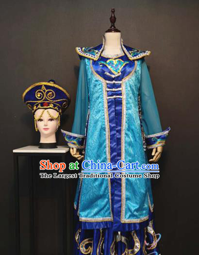 Custom China Mongolian Ethnic Folk Dance Clothing Traditional Minority Costumes Mongol Nationality Festival Blue Dress and Hat
