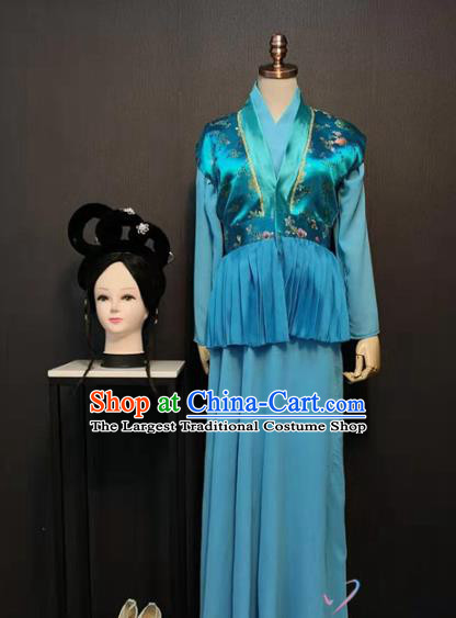 Traditional China Ming Dynasty Servant Girl Costume Ancient Clothing Drama The Dream Of Red Mansions Yuan Yang Blue Dress and Headwear