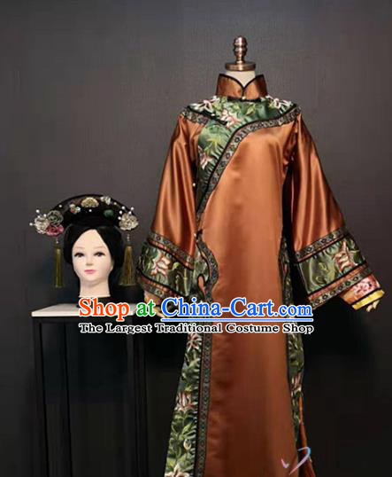 Traditional Drama Story of Yanxi Palace China Qing Dynasty Empress Costume Ancient Queen Fucha Brown Dress Clothing and Headdress