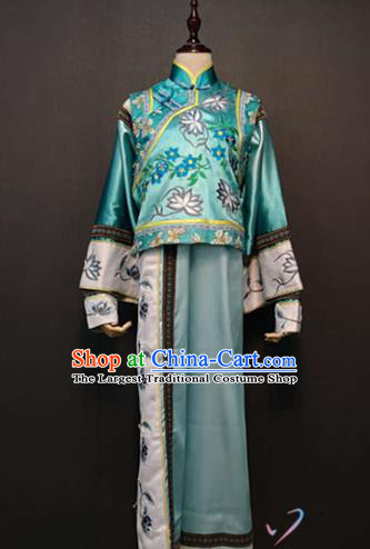 China Ancient Manchu Princess Blue Mandarin Jacket and Qipao Dress Qing Dynasty Court Costume Traditional Drama Stage Performance Clothing