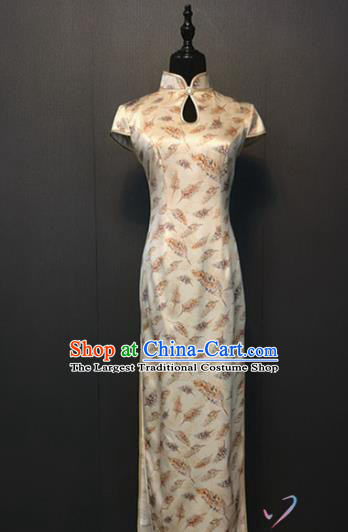 Compere Classical Leaf Pattern White Silk Qipao Dress Custom Shanghai Cheongsam Stage Performance Clothing