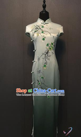 Custom Shanghai Women Clothing Republic of China Traditional Silk Cheongsam Classical Embroidered Plum Blossom Light Green Qipao Dress