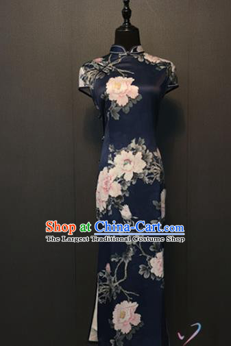 Custom Traditional Cheongsam Annual Meeting Clothing Compere Printing Peony Navy Silk Qipao Dress