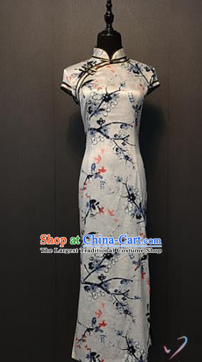 Custom China Printing Plum Birds White Qipao Dress Traditional Classical Silk Cheongsam Compere Clothing