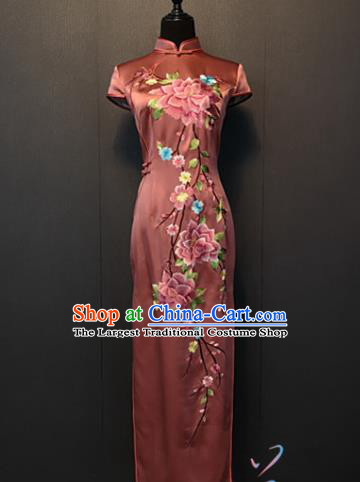 Custom China Traditional Embroidered Peony Pink Silk Qipao Dress Shanghai Compere Clothing Classical Cheongsam