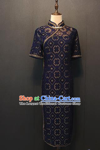 Custom China Wedding Mother Navy Lace Qipao Dress Shanghai Classical Cheongsam Traditional Catwalks Clothing