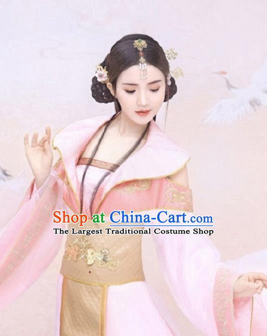 Chinese Ancient Princess Costumes Traditional Drama Apparels Tang Dynasty Empress Pink Hanfu Dress and Hair Accessories