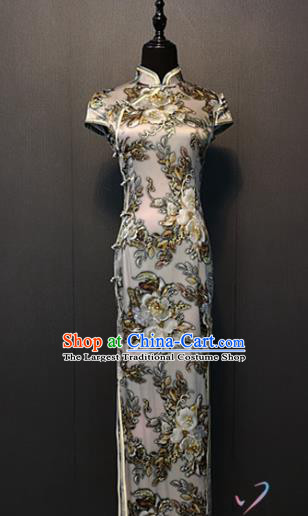 Custom Classical Silk Qipao Dress Shanghai Women Clothing Republic of China Bride Printing Flowers White Cheongsam