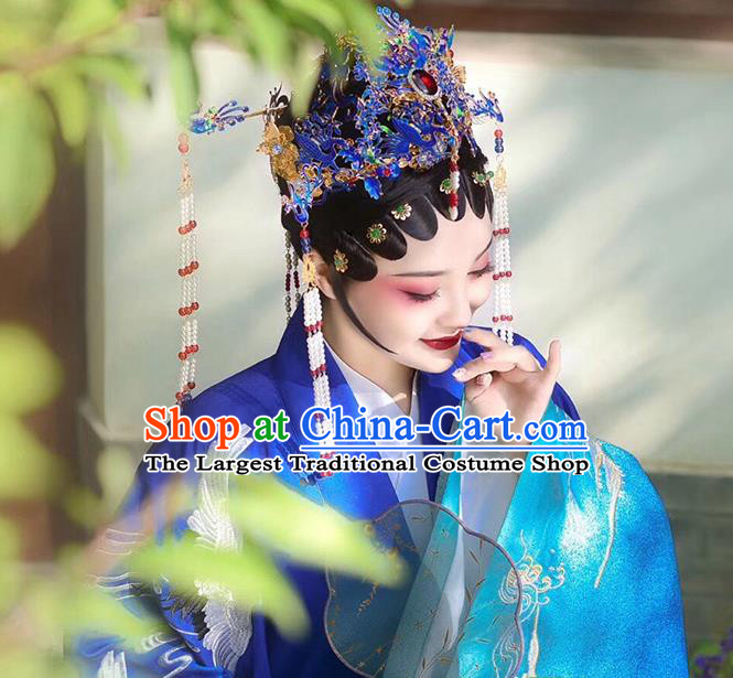 Chinese Ancient Ming Dynasty Costumes Traditional Beijing Opera Apparels Noble Female Blue Cape Blouse and Skirt and Headdress