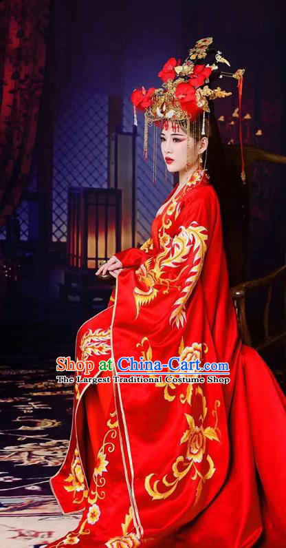 Chinese Ancient Bridal Dress Traditional Tang Dynasty Wedding Apparels Princess Red Costumes and Headdress Complete Set