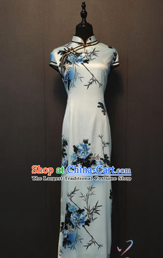 Republic of China Women Clothing Shanghai Classical Qipao Dress Custom Ink Painting Peony Bamboo Silk Cheongsam