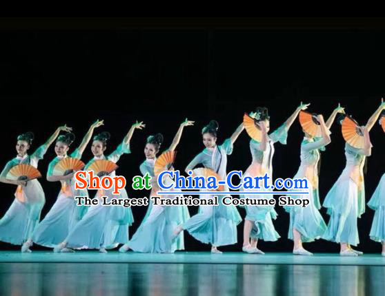 China Traditional Classical Dance Costume Fan Dance Women Group Dance Blue Outfits