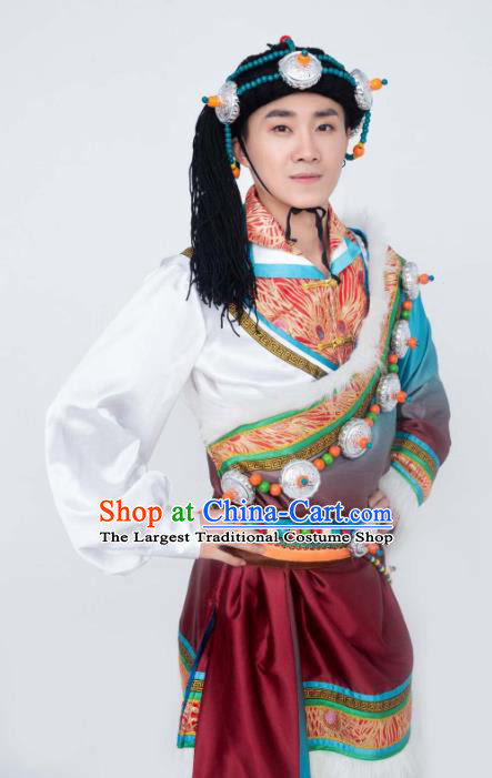 Custom China Zang Ethnic Folk Dance Clothing Traditional Minority Stage Sow Costumes Tibetan Nationality Men Outfits and Headwear
