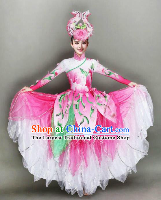 China Lotus Dance Pink Dress Traditional Modern Dance Costume Spring Festival Gala Stage Performance Clothing and Headwear