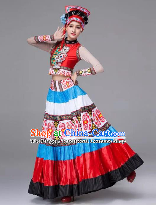 Custom China Yi Ethnic Clothing Traditional Minority Bride Costumes Yi Nationality Torch Festival Blouse and Skirt and Headdress