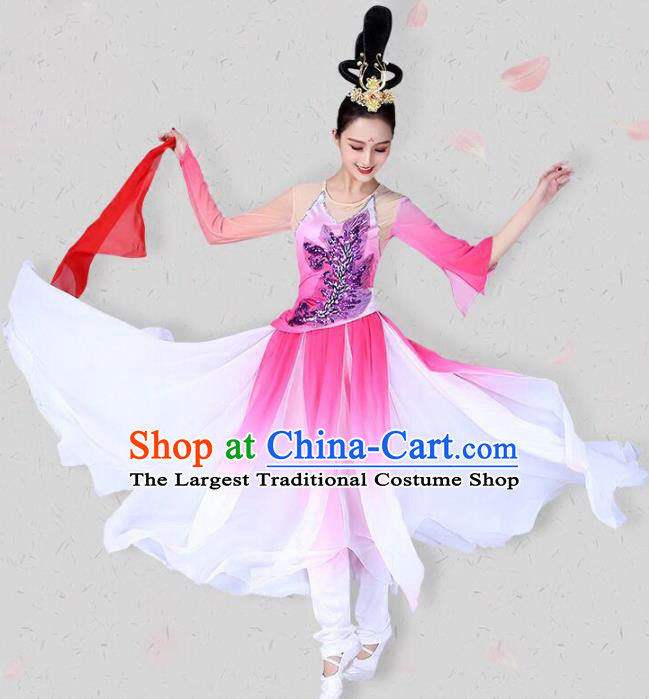 China Classical Dance Pink Dress Traditional Fan Dance Costume Dance Competition Performance Clothing and Headwear