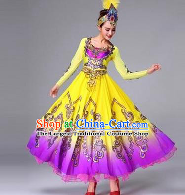 Custom China Uyghur Ethnic Clothing Traditional Minority Dance Costumes Xijiang Nationality Yellow Dress and Headdress