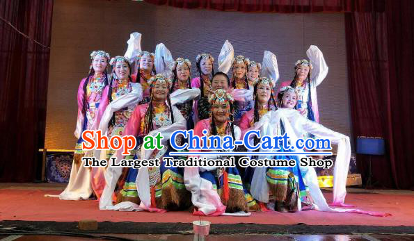 Custom China Zang Ethnic Dance Clothing Traditional Minority Dress Tibetan Nationality Water Sleeve Costumes and Headwear