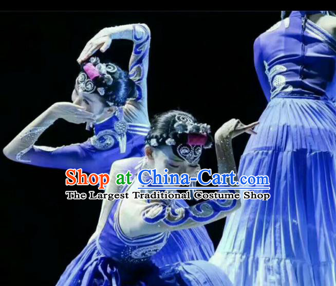 China Yi Ethnic Dance Clothing Custom Traditional Yi Minority Nationality Stage Show Costumes Blue Dress and Hair Accessories