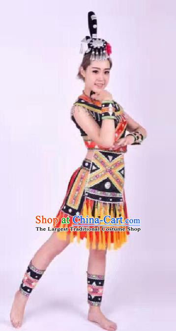 China Ethnic Folk Dance Dress Clothing Custom Traditional Yao Minority Nationality Costumes Top Blouse and Short Skirt and Headwear