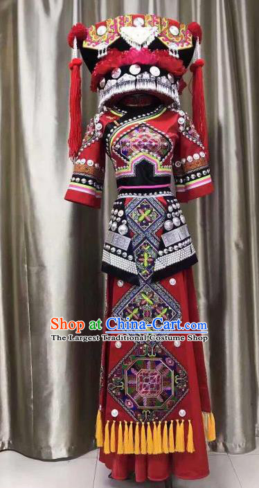 Custom China Zhuang Ethnic Clothing Traditional Minority Wedding Costumes Nationality Festival Embroidered Dress and Headdress