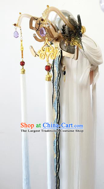 China BJD Swordsman White Wig Sheath Cosplay Ancient Taoist Priest Wigs and Hair Accessories