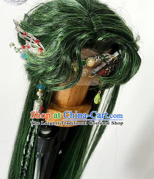 Handmade China Cosplay Lo Luo Wigs Ancient Knight BJD Swordsman Green Wig Sheath and Hair Accessories