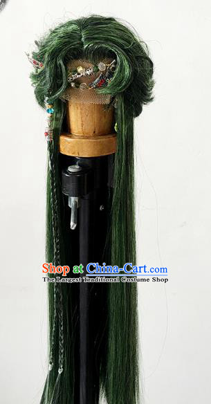 Handmade China Cosplay Lo Luo Wigs Ancient Knight BJD Swordsman Green Wig Sheath and Hair Accessories