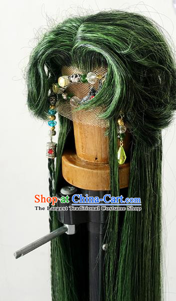 Handmade China Cosplay Lo Luo Wigs Ancient Knight BJD Swordsman Green Wig Sheath and Hair Accessories