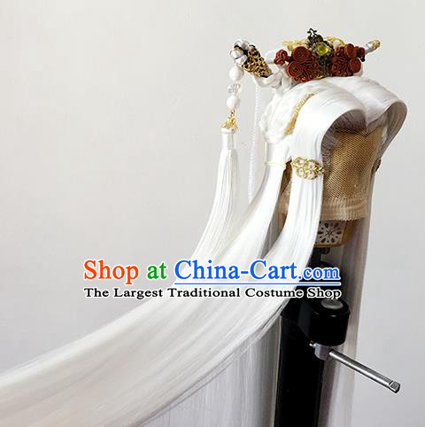 Handmade China Cosplay Childe Mu Shaoai Wigs Ancient Swordsman Hair Accessories BJD Swordsman White Wig Sheath