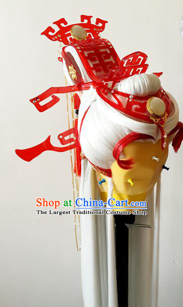 China Cosplay Game Character Wigs Ancient Handmade BJD Swordsman White Wig Sheath Hair Accessories