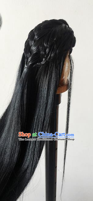 Handmade China Cosplay Ancient Knight Widow Peak Wigs BJD Swordsman Black Wig Sheath