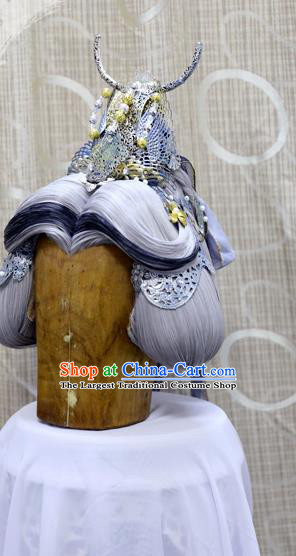 Handmade Cosplay Royal Highness Blue Wig Sheath China Ancient Swordsman Prince Wigs and Hair Crown