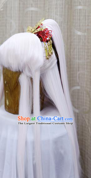 Cosplay Swordsman Ying Chuixue White Wig Sheath Handmade China Ancient Taoist Chivalrous Male Wigs and Hair Crown