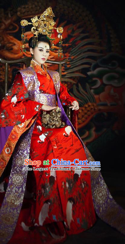 Chinese Traditional Court Consort Costumes Ancient Imperial Empress Embroidered Red Dress and Headdress