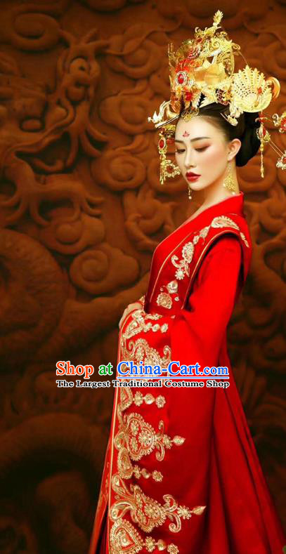 Chinese Traditional Tang Dynasty Costumes Ancient Princess Red Hanfu Dress Clothing and Phoenix Coronet Complete Set