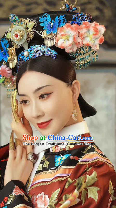 China Ancient Clothing Traditional Qing Dynasty Court Empress Costumes Royal Queen Embroidered Red Dress and Headpieces