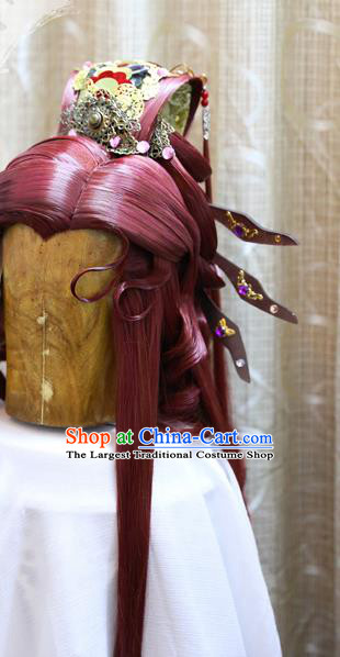 Cosplay Swordsman Red Wig Sheath Handmade China Ancient Duke Cemeng Wigs Style and Headwear