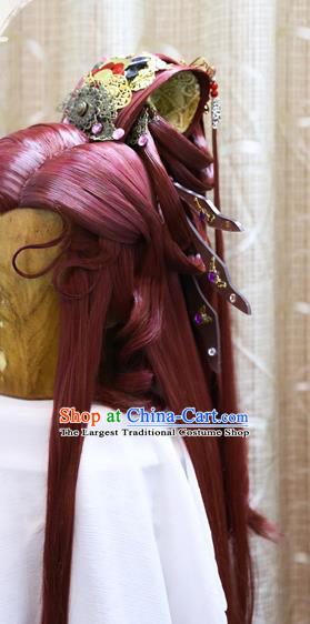 Cosplay Swordsman Red Wig Sheath Handmade China Ancient Duke Cemeng Wigs Style and Headwear