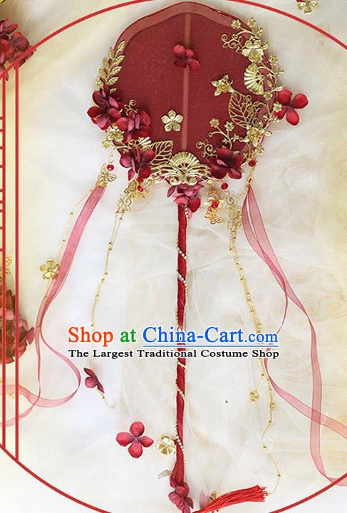 China Classical Red Palace Fans Handmade Hanfu Silk Fans Ribbon Fan