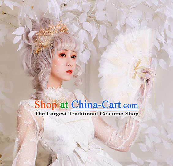 Halloween Beige Feather Folding Fans Handmade Custom Classical Bride Fan