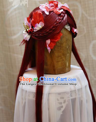 Cosplay Knight Swordsman Red Wig Sheath Handmade China Ancient Chivalrous Men Wigs Style and Hair Accessories