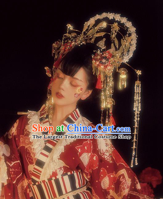 Handmade Japanese Kimono Hair Accessories Headwear Halloween Cosplay Courtesan Deluxe Pearls Hair Crown Hairpins