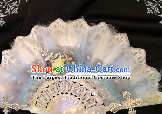 Handmade Retro White Feather Folding Fans Classical Princess Wedding Fan Court Bride Lace Accordion