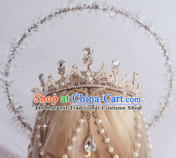 Halloween Cosplay Princess Aureole and Crystal Royal Crown Stage Show Headwear Handmade Goddess Hair Accessories