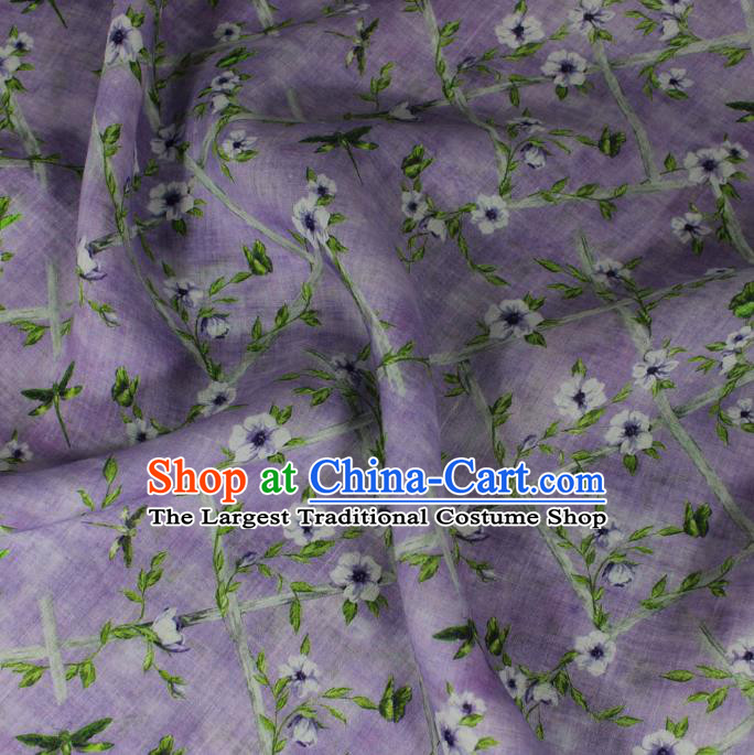 Traditional Linen Drapery Asian Qipao Dress Purple Flax Cloth Chinese Printing Flowers Pattern Ramine Fabric